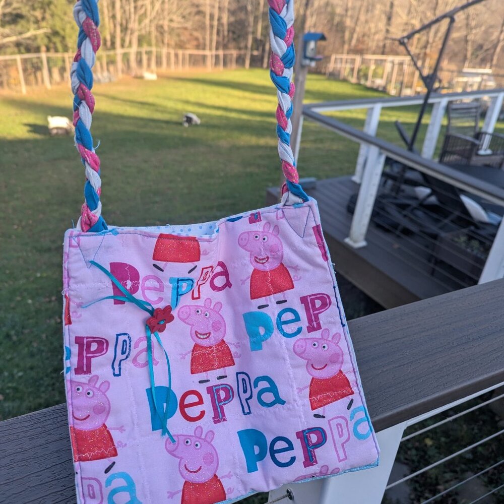 Handmade Peppa Pig Cloth Purse with Button and Ribbon Accents and Braided Strap